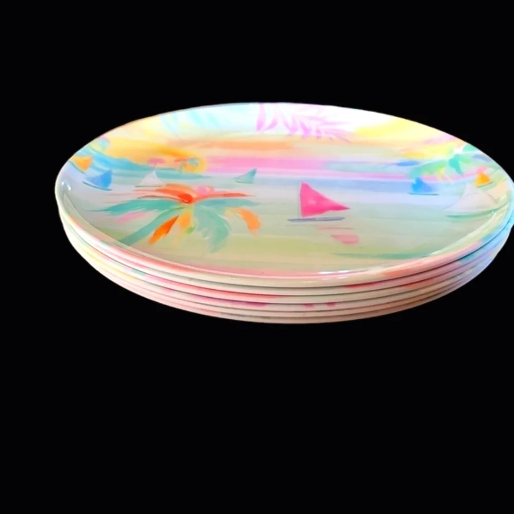 6 Tropical Beach Sailboat Sunset View Watercolor Palm Melamine Dinner Plate Set